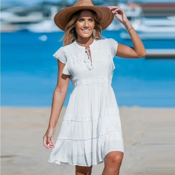 Women's White Split Neck Tassel Tie Lace
Mini Dress - new - Picture 2 of 10